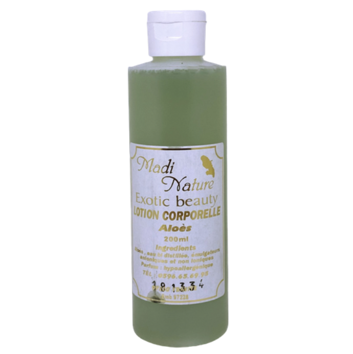 Lotion corporelle ALOE-MADI NATURE-KAZ A BEAUTE Lotion hydratante pour le corps à l'ALOE vera de la marque MADI NATURE. Lotion issue du jardin local.