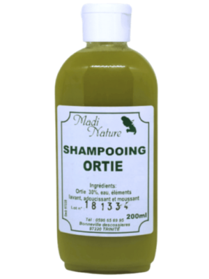 Shampoing pour cheveux secs à base d'ortie de la marque madi nature. Excellent traitement antipelliculaire. Contenance de 200ml