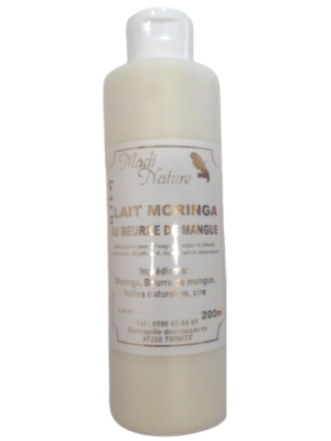 Le Lait MORINGA au beurre de MANGUE de la marque MADI NATURE idéal pour la peau (corps & visage) et les cheveux. Nourrit Adoucit Hydrate Régénère