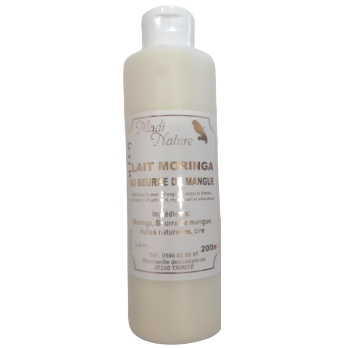 Lait MORINGA au beurre de Mangue 200ml Le Lait MORINGA au beurre de MANGUE de la marque MADI NATURE idéal pour la peau (corps & visage) et les cheveux. Nourrit Adoucit Hydrate Régénère