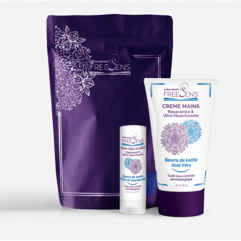 Pochette Crème pour les mains (30ml) et Baume à lèvres (4g) Pochette Crème pour les mains (30ml) et Baume à lèvres (4g)